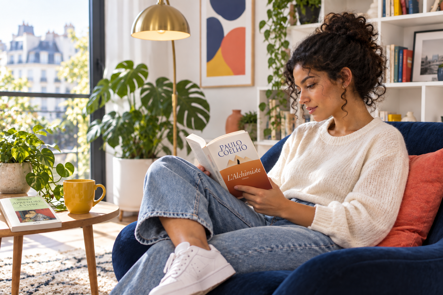 Une jeune lectrice lit L’Alchimiste de Paulo Coelho, avec Apprendre à vivre de Sénèque sur la table dans un intérieur contemporain lumineux.