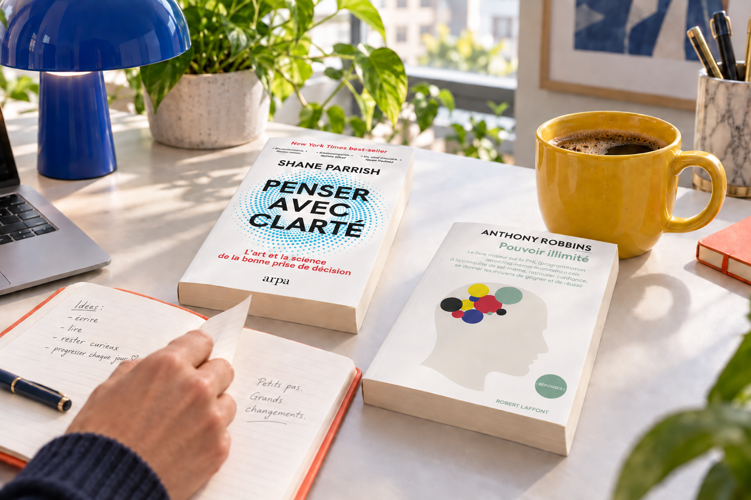 Penser avec clarté de Shane Parrish et Pouvoir illimité d’Anthony Robbins, avec un carnet et un mug jaune sur un bureau moderne.